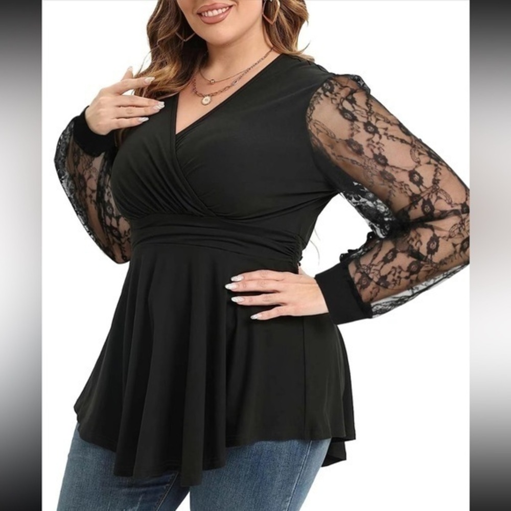 2X 20 Women’s Dressy Black Top Sheer Sleeves Peplum V Neck Flowy Loose For Tunic